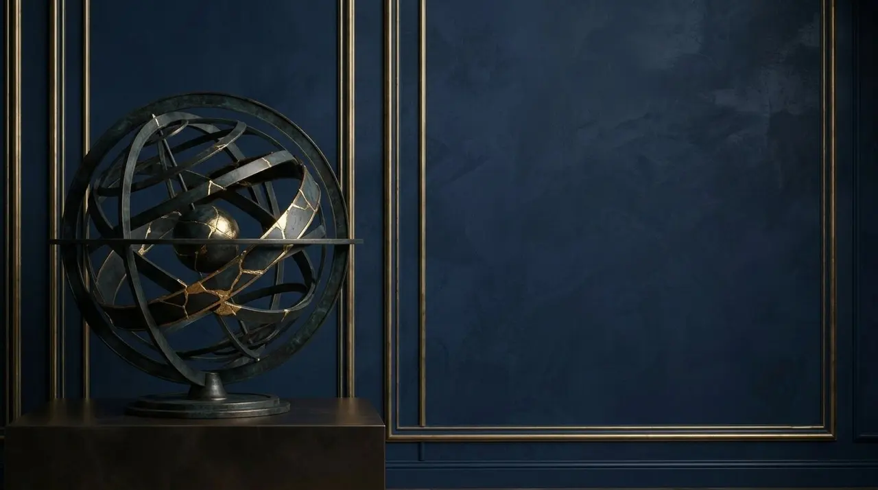 Cabinet de Veronica Vieira à Paris 7e : sphère armillaire dorée sur un mur bleu nuit
